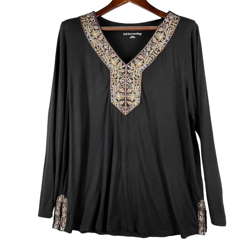 Soft Surroundings Embroidered Paisley Tunic Top XL Black Modal Stretch Boho NWOT